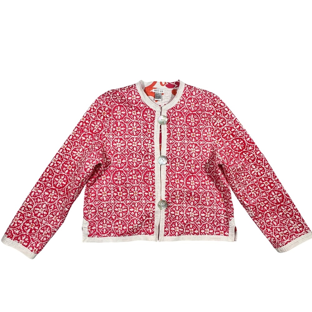 Patty Kim Red White Quilted Cotton Jacket Medallion Print Pearl Buttons‎ Large